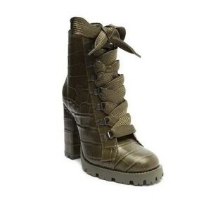 Schutz NEW $158 Zhara Green Croc Embossed‎ Leather Lace Up Chunky Booties Sz 8B